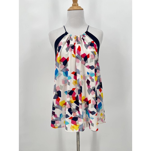 Trina Turk Tops - TRINA TURK Shirt Womens Small White Navy Silk Top Multicolored Geo Print Halter